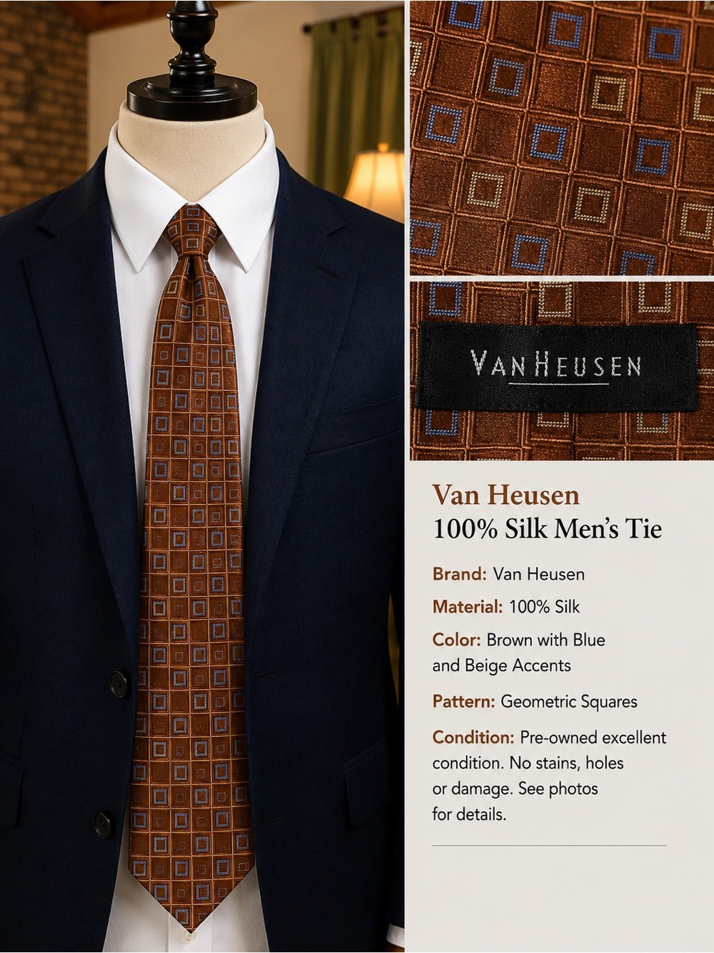 Van Heusen Brown Tie with Blue Square Accents